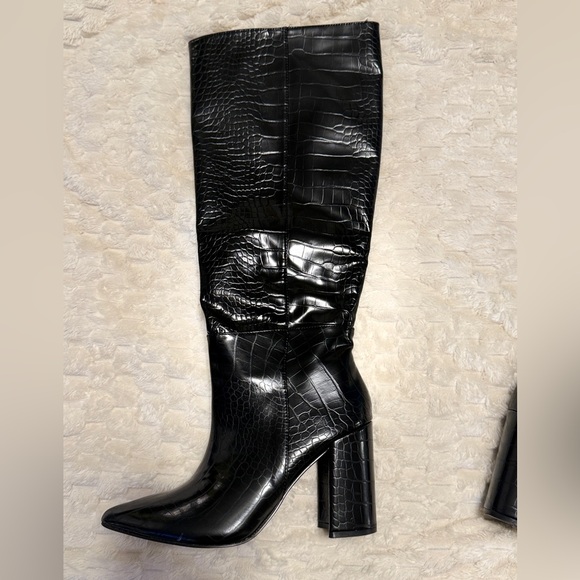 Lulus Black Croc-Embossed Knee-High Boots. Worn once - Picture 5 of 5